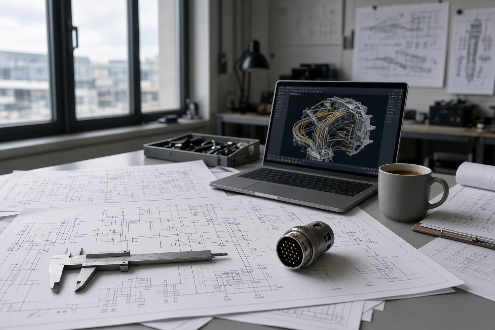 Wiring schematics and harness CAD on an engineering desk